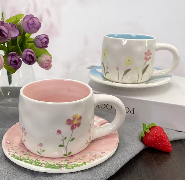 كوب لاتيه غير منتظم الشكل بسعة 250 مل مع صحن، كوب إسبريسو محمول باليد، مثالي لشاي ما بعد الظهر.