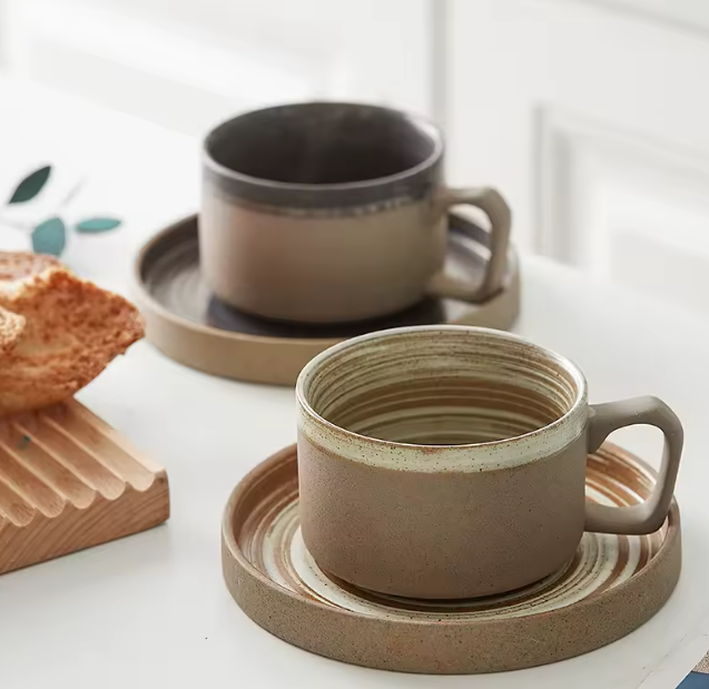 250ml Vintage Handmade Ceramic Style Coffee Mug with Saucer Set 