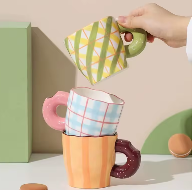 Instagram-style handcrafted glazed ceramic coffee cup, creative design for office and home use.