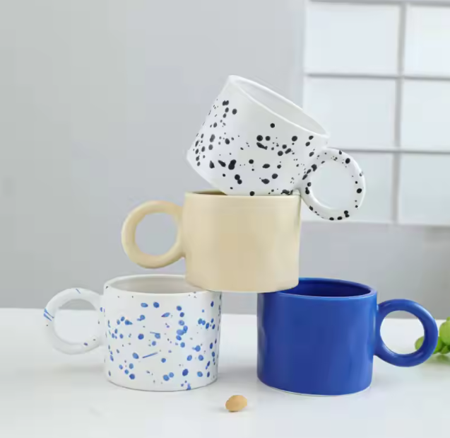 Wholesale large-eared porcelain splatter coffee cups, Korean-style homemade speckled mugs, ceramic cups