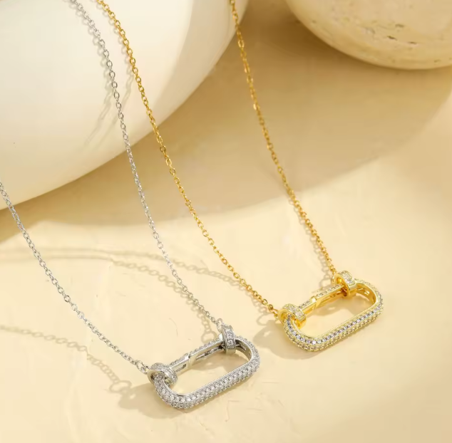 CZ Paved Openable Carabiner Pendant Charm Necklace 18K Gold Plated Stainless Steel 